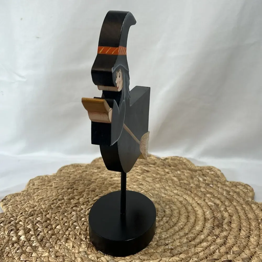 Hand Carved Wooden Witch On Broom Halloween Figurine Folk Art Black Dress & Hat